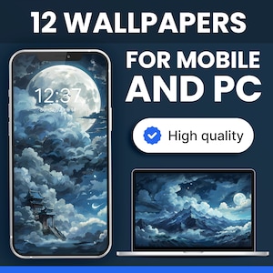 Set of 12 Mobile Wallpaper of Clouds at Night, Digital Aesthetic PC Wallpaper of Dark Sky, iPhone Mac Wallpaper, 4K Ghibli Desktop Wallpaper