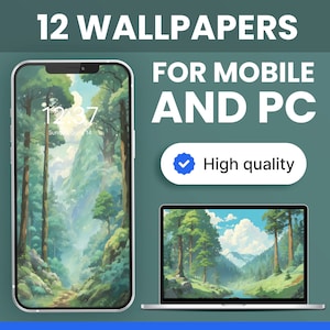 Set von 12 Handy Hintergrundbilder von Waldlandschaft, Digital ästhetik PC Hintergrundbilder, Anime iPhone iOS Mac Hintergrundbilder, 4K Ghibli Desktop Hintergrundbilder