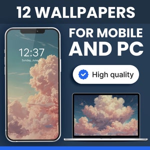 Set of 12 Mobile Wallpaper of Clouds, Digital Aesthetic PC Wallpaper of Blue Sky, Anime iPhone Mac Wallpaper, 4K Ghibli Desktop Wallpaper