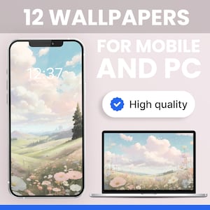 Set of 12 Mobile Wallpaper of Lofi Dreamy Meadow, Digital Aesthetic PC Wallpaper, Anime iPhone iOS Mac, 4K Pastel Color Ghibli Desktop
