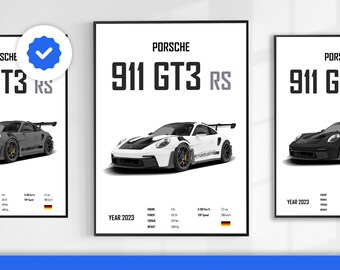 Porsche 911 GT3 RS Supercar-Posterauto für Männer, Sofortiger Download, Druck-Wandkunst für Jungen, Raumdekoration, Heimbüro-Dekoration, Wohnheim, Geschenk für Ehemann