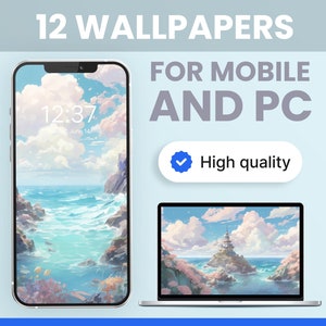 Set of 12 Mobile Wallpaper of Ocean with Pink Clouds and Beach, Digital Aesthetic PC Wallpaper, Anime iPhone iOS Mac, 4K Ghibli Desktop