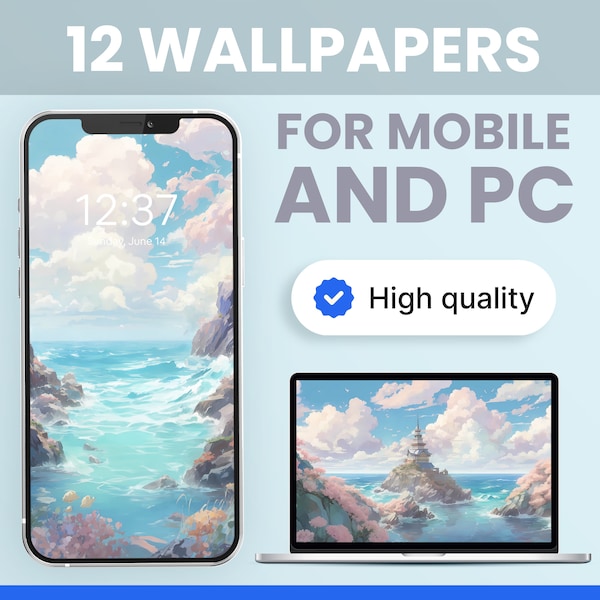 Set of 12 Mobile Wallpaper of Ocean with Pink Clouds and Beach, Digital Aesthetic PC Wallpaper, Anime iPhone iOS Mac, 4K Ghibli Desktop