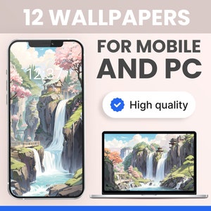 Set of 12 Desktop Wallpaper of Waterfall in Pale Color, PC Wallpaper Digital Aesthetic Mobile Ghibli Anime iPhone iOS Mac 4K