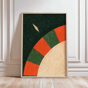 Green and Orange Striped Wheel Poster, Abstract Radial Pattern Print, Retro Grainy Geometric Wall Art for Den, Office, Study, and Loft