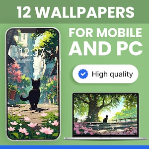 Set of 12 Desktop Wallpaper of Cute Black White Cat in City Center, PC Wallpaper Digital Aesthetic Mobile Ghibli Anime iPhone iOS Mac 4K