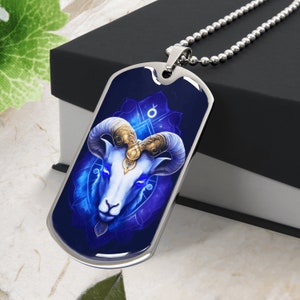 ARIES NECKLACE, Aries Jewelry, Aries Pendant, Zodiac Jewelry, Aires Birthday Gift Box, Engraved Dog Tag Personalized Necklace