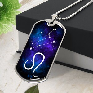 LEO NECKLACE, Leo Jewelry, Leo Pendant, Zodiac Sign Pendant, Leo Birthday Gift Box, Engraved Dog Tag, Personalized Necklace