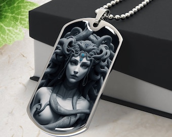 MEDUSA NECKLACE, Engraved Goddess Necklace, Medusa Jewerly, Greek Mythology Medusa Medallion, snake necklace, Engraved  Dog Tag