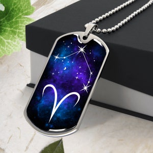 ARIES NECKLACE, Aries Jewelry, Aries Pendant, Zodiac Jewelry, Aires Birthday Gift Box, Engraved Dog Tag,  Personalized Necklace