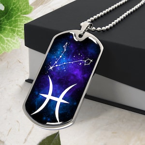 PISCES NECKLACE, Pisces Jewelry, Zodiac Necklace Birthday Gift Box for Pisces, Engraved DogTag Personalized Necklace, Astrology Jewelry Gift