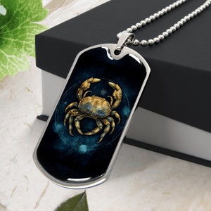 CANCER ZODIAC NECKLACE, Zodiac Necklace, Cancer Zodiac Jewelry, Zodiac Sign Cancer Pendant, Engraved Dog Tag,  Personalized Necklace