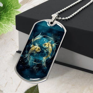 PISCES NECKLACE, Pisces Jewelry, Zodiac Necklace Birthday Gift Box for Pisces, Engraved DogTag Personalized Necklace, Astrology Jewelry Gift