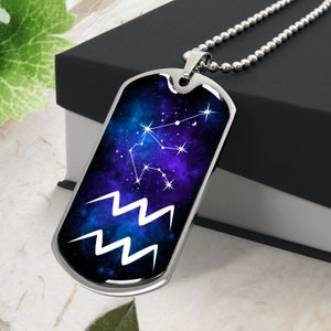 AQUARIUS NECKLACE, Aquarius Jewelry, Zodiac Sign Necklace, Astrology Necklace, Aquarius Pendant, Engraved Dog Tag, Personalized Necklace