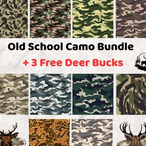 May include: An assortment of camouflage patterns in various colors, including green, brown, and gray. The text "Old School Camo Bundle" is displayed above the patterns, with "+ 3 Free Deer Bucks" in red text below. Deer graphics are also included.