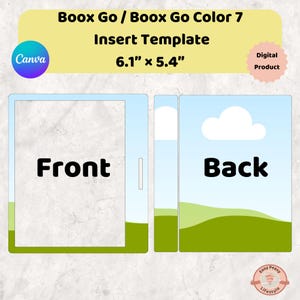 Op de afbeelding: Digitaal inlegvel voor Boox Go / Boox Go Color 7, met ontwerpen voor de voor- en achterkant. De sjabloon meet 15,5 cm x 13,7 cm. Het ontwerp bevat het Canva-logo en de woorden "Front" en "Back".
