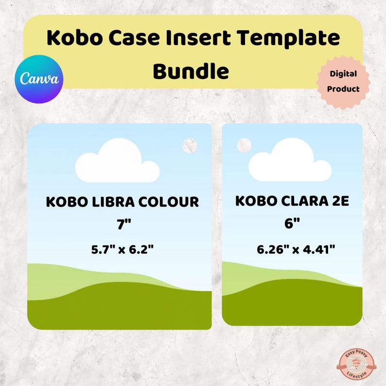 K&ouml;nnte beinhalten: Ein digitales Produktpaket mit Kobo-H&uuml;lleneinsatzvorlagen. Die Vorlagen sind f&uuml;r Kobo Libra Colour (7", 14,5 cm x 15,7 cm) und Kobo Clara 2E (6", 15,9 cm x 11,2 cm). Das Design enth&auml;lt ein Canva-Logo und das Label "Digitales Produkt".