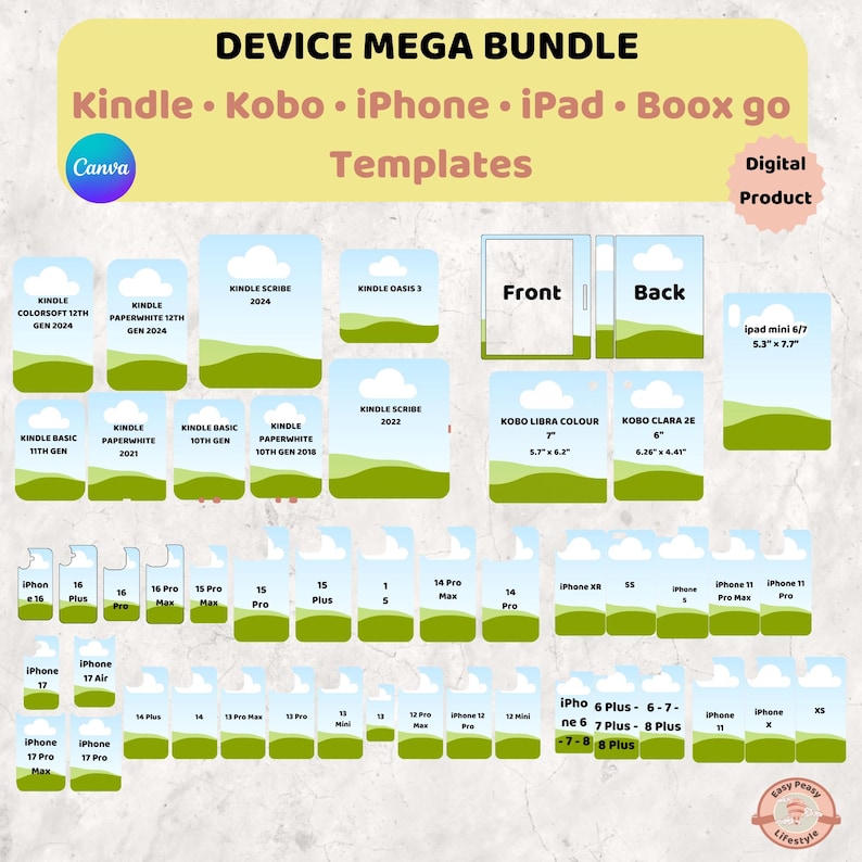 K&ouml;nnte beinhalten: Ein digitales Vorlagenpaket mit Designs f&uuml;r Ger&auml;te wie Kindle, Kobo, iPhone und iPad. Die Vorlagen zeigen Vorder- und R&uuml;ckansichten mit Himmel und gr&uuml;ner Landschaft. Der Text "Device Mega Bundle" ist enthalten. Ma&szlig;e in cm.