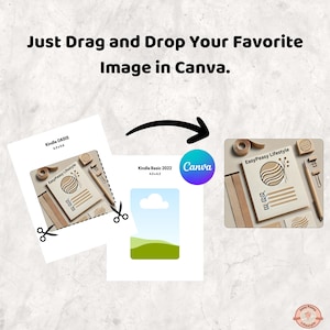 K&ouml;nnte beinhalten: Bild, das einen Designprozess mit dem Text "Just Drag and Drop Your Favorite Image in Canva" zeigt. Das Bild enth&auml;lt ein Canva-Logo, Kindle Oasis- und Kindle Basic 2022-Mockups und Schreibwaren.