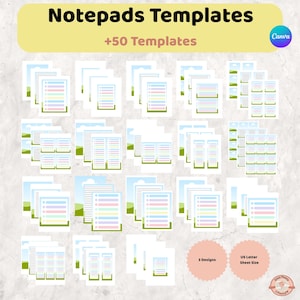 Könnte beinhalten: Eine Sammlung von über 50 Notizblock-Vorlagen mit verschiedenen Layouts, pastellfarbenen Linien und grünen Akzenten. Der Text lautet Notepads Templates, +50 Templates, 3 Designs und US Letter Sheet Size. Enthält ein Canva-Logo-Symbol.