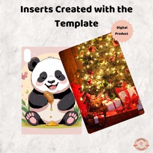 K&ouml;nnte beinhalten: Zwei digitale Produktdesigns. Eines zeigt einen Cartoon-Panda mit Honig, das andere einen Weihnachtsbaum mit Geschenken. Der Text lautet "Inserts Created with the Template" und "Digital Product".