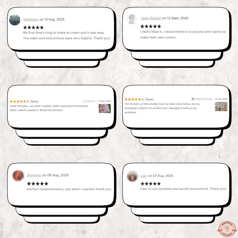 K&ouml;nnte beinhalten: Eine Collage von sechs Kundenbewertungen, jeweils in einer wei&szlig;en Sprechblase mit schwarzem Rand dargestellt. Die Bewertungen enthalten Text und Sternebewertungen, datiert zwischen August und Oktober 2025. Die Bewertungen loben die Benutzerfreundlichkeit und Genauigkeit des Produkts.