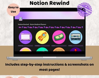 Könnte beinhalten: Ein Laptop zeigt einen "Retro Student Planner" mit "Notion Rewind". Der Bildschirm zeigt farbenfrohe Symbole, darunter eine Rakete und eine Kassette. Der Text "Includes step-by-step instructions & screenshots on most pages!" ist ebenfalls sichtbar.