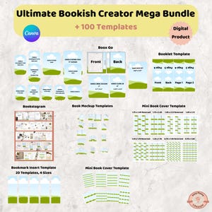 Könnte beinhalten: Ein digitales Produktpaket mit dem Titel "Ultimate Bookish Creator Mega Bundle" mit über 100 Vorlagen. Enthält Vorlagen für Buch-Mockups, Buchcover, Lesezeichen und Social-Media-Posts. Die Vorlagen sind für die Verwendung mit Canva konzipiert.