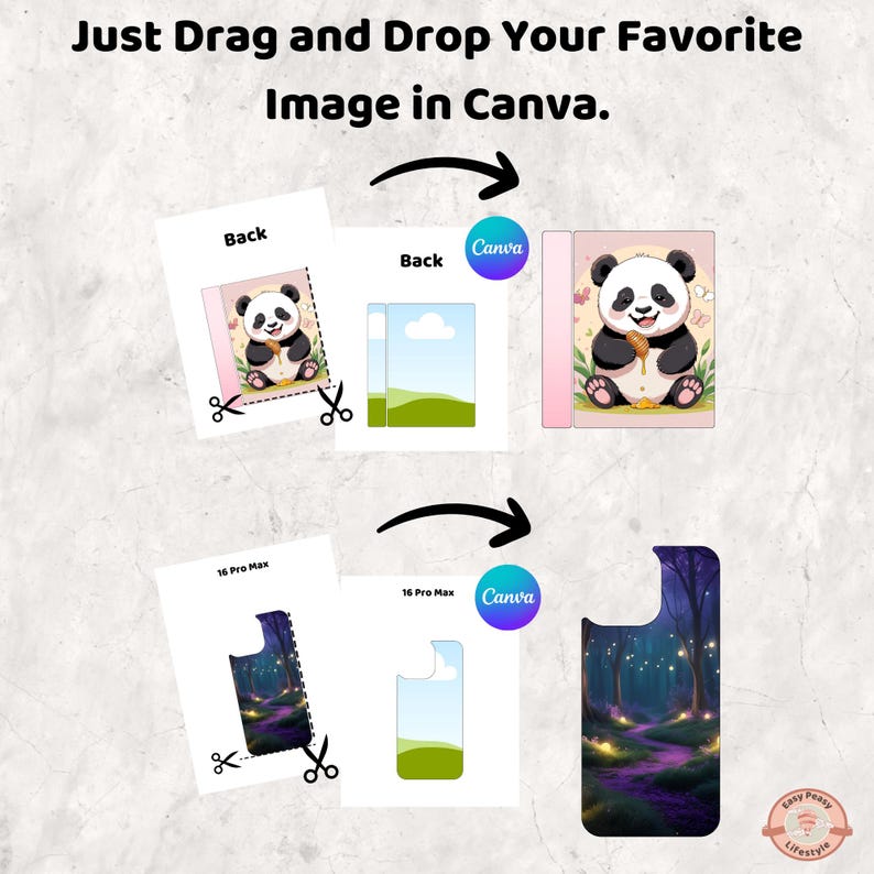 K&ouml;nnte beinhalten: Ein Bild, das einen Designprozess mit dem Text "Just Drag and Drop Your Favorite Image in Canva" zeigt. Es zeigt ein Panda-Design und eine Waldszene, was auf die Anpassung von Handyh&uuml;llen hindeutet. Das Canva-Logo ist sichtbar.