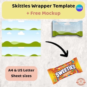 Può includere: Un modello di confezione Skittles con un design a paesaggio e un mockup gratuito. L'immagine include un mockup della confezione e una confezione di caramelle Sweeties. Il testo sull'immagine dice "A4 & US Letter Sheet sizes".