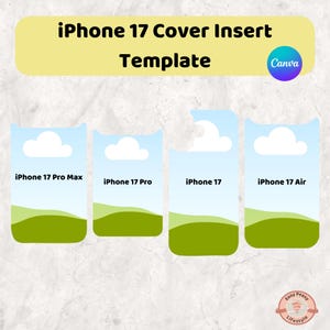以下が含まれることがあります： 4つの異なるデザインのiPhone 17カバーインサートテンプレート。各デザインは、白い雲のある青い空、緑の丘、iPhoneモデル名（Pro Max、Pro、17、Air）を表示しています。テンプレートには「iPhone 17 Cover Insert Template」というテキストが含まれています。