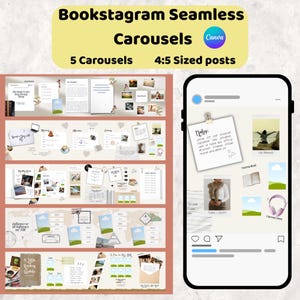 Puede incluir: Un diseño digital para Instagram que presenta cinco carruseles sin costuras. El diseño incluye una maqueta de teléfono con una publicación y un diseño con imágenes, texto y gráficos. El texto del diseño dice "Bookstagram Seamless Carousels" y "5 Carousels 4:5 Sized posts".