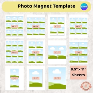 May include: A template for photo magnets with various sizes, including 2.5" x 3", 3" x 4", and 8" x 10". The design features multiple rectangular photo frames with a landscape scene. The text "Photo Magnet Template" is at the top.