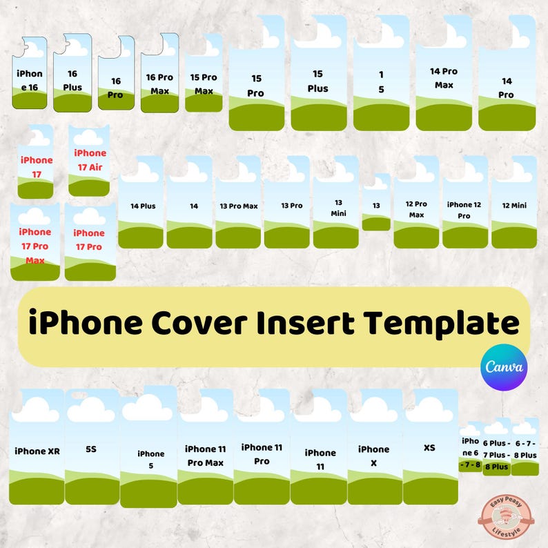 K&ouml;nnte beinhalten: Eine iPhone-Cover-Insert-Vorlage mit Aussparungen f&uuml;r verschiedene iPhone-Modelle. Die Vorlage enth&auml;lt Aussparungen f&uuml;r iPhone 17, 16, 15, 14, 13, 12 und &auml;ltere Modelle. Der Text "iPhone Cover Insert Template" wird angezeigt.