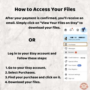 May include: Image with instructions on how to access files after purchase on Etsy. The text reads: "How to Access Your Files." Instructions include clicking "View Your Files on Etsy" or logging into your Etsy account and following steps.