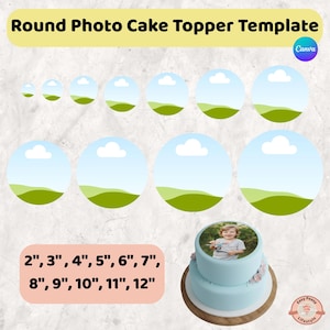 May include: A template for round photo cake toppers, with sizes from 5 cm to 30 cm. The design features a blue sky and green landscape, with a sample cake topped with a photo. The text reads "Round Photo Cake Topper Template".