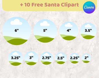 May include: An image showcasing ten round ornament templates, with sizes from 5 cm to 15 cm in diameter. Each circle has a blue sky, a cloud, and green hills. The text reads "10 Sizes Round Ornament Template + 10 Free Santa Clipart".