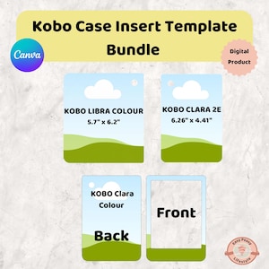 Op de afbeelding: Een Kobo Case Insert Template Bundle digitaal product met vier rechthoekige sjablonen en een landschapsafbeelding. Labels bevatten Kobo Libra Colour 14,48 cm x 15,75 cm, Kobo Clara 2E 15,90 cm x 11,20 cm, en Kobo Clara Colour met Back en Front aanduidingen.