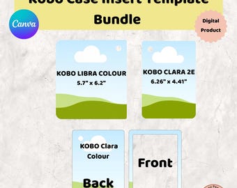 Puede incluir: Un producto digital de paquete de plantillas para fundas Kobo con cuatro rectángulos y un gráfico de paisaje. Las etiquetas incluyen Kobo Libra Colour 14,48 cm x 15,75 cm, Kobo Clara 2E 15,90 cm x 11,20 cm, y Kobo Clara Colour con indicadores Back y Front.