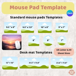 Può includere: Un'immagine che mostra modelli di tappetini per mouse e tappetini per scrivania. Le dimensioni sono espresse in pollici, tra cui misure come 24,1 cm x 20,3 cm e 30,5 cm x 25,4 cm. Il testo "Mouse Pad Template" è in alto.