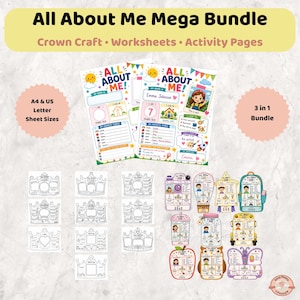 Op de afbeelding: Een All About Me Mega Bundle met knutselkronen, werkbladen en activiteitenpagina's in A4- en US Letter-formaat. De set bevat kleurrijke en zwart-wit sjablonen met invulvelden voor namen, leeftijden, favoriete dingen en tekeningen.
