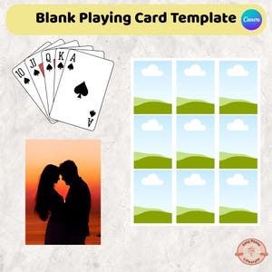 May include: A template for blank playing cards with the text "Blank Playing Card Template". The image includes a fanned deck of playing cards, a photo of a couple, and a grid of landscape images.