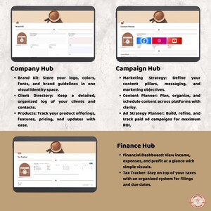 May include: Screenshots of a digital marketing platform interface, showcasing features like a brand kit, client directory, product tracking, content planner, and financial dashboard. The interface is displayed on tablets.