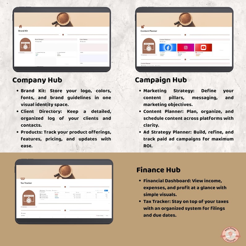 May include: Screenshots of a digital marketing platform interface, showcasing features like a brand kit, client directory, product tracking, content planner, and financial dashboard. The interface is displayed on tablets.