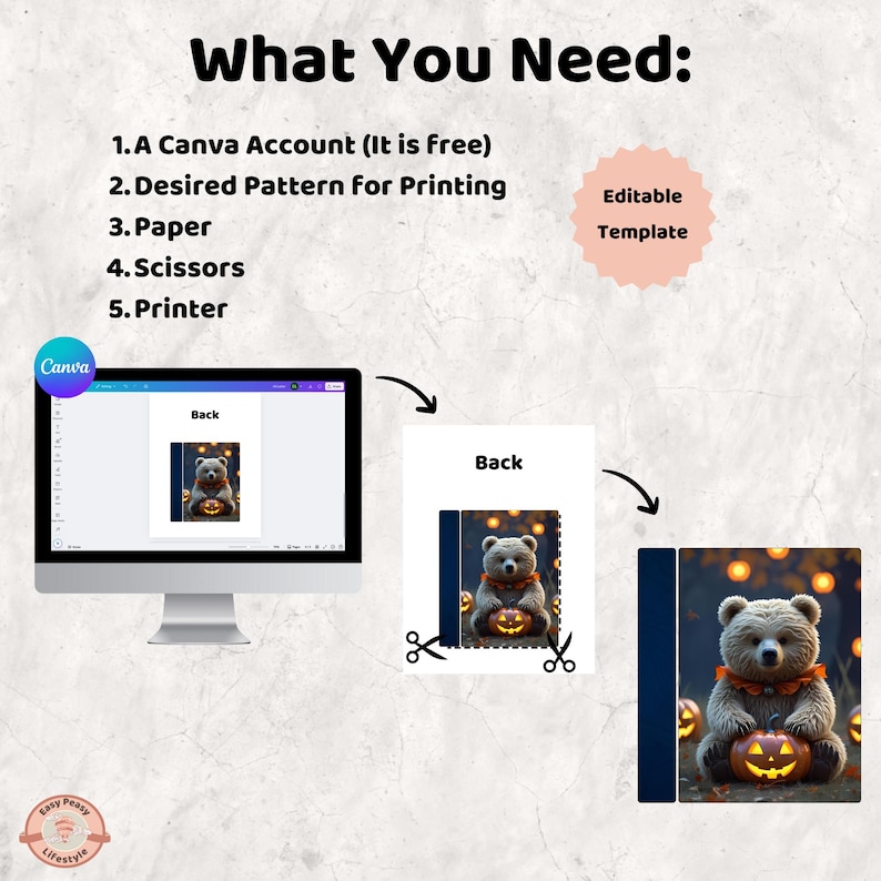 K&ouml;nnte beinhalten: Ein Bild, das die Schritte zur Erstellung einer druckbaren Vorlage mit Canva zeigt. Die Schritte umfassen ein Canva-Konto, ein gew&uuml;nschtes Muster, Papier, eine Schere und einen Drucker. Das Endbild zeigt einen B&auml;ren, der einen K&uuml;rbis h&auml;lt.