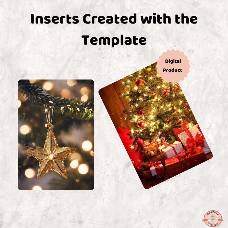 K&ouml;nnte beinhalten: Zwei digitale Produkteinlagen. Eine zeigt einen goldenen Sternschmuck, der an einem Weihnachtsbaumzweig h&auml;ngt. Die andere zeigt einen geschm&uuml;ckten Weihnachtsbaum mit Geschenken und einem Teddyb&auml;ren. Text lautet: Inserts Created with the Template.
