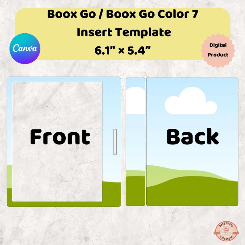 K&ouml;nnte beinhalten: Digitales Einlegetemplate f&uuml;r Boox Go / Boox Go Color 7 mit Vorder- und R&uuml;ckseitendesigns. Die Vorlage misst 15,5 cm x 13,7 cm. Das Frontdesign hat das Wort "Front" in fetter schwarzer Schrift. Das R&uuml;ckseitendesign hat das Wort "Back" in fetter schwarzer Schrift.