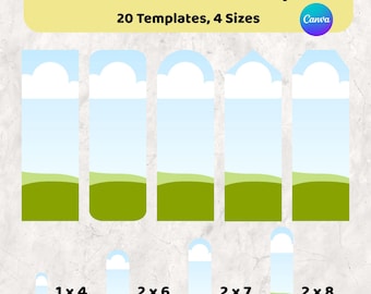 Könnte beinhalten: Grafik mit Lesezeichen-Einsatzvorlagen mit Himmel- und Grasdesign. Der Text lautet "Bookmark Insert Template" und "20 Templates, 4 Sizes". Verschiedene Größen werden angezeigt, darunter 1x4, 2x6, 2x7 und 2x8 Zoll (2,54 x 10,16, 5,08 x 15,24, 5,08 x 17,78 und 5,08 x 20,32 cm).