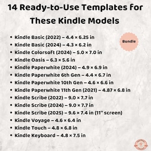 K&ouml;nnte beinhalten: Eine wei&szlig;e Grafik listet 14 sofort einsatzbereite Vorlagen f&uuml;r verschiedene Kindle-Modelle auf, darunter Kindle Basic, Paperwhite und Scribe. Die Abmessungen sind in Zentimetern f&uuml;r jedes Modell angegeben. Ein rosa Kreis mit dem Wort "Bundle" befindet sich oben rechts.