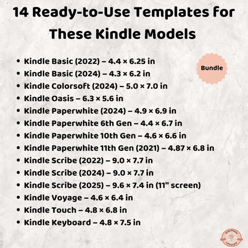 K&ouml;nnte beinhalten: Eine wei&szlig;e Grafik listet 14 sofort einsatzbereite Vorlagen f&uuml;r verschiedene Kindle-Modelle auf, darunter Kindle Basic, Paperwhite und Scribe. Die Abmessungen sind in Zentimetern f&uuml;r jedes Modell angegeben. Ein rosa Kreis mit dem Wort "Bundle" befindet sich oben rechts.